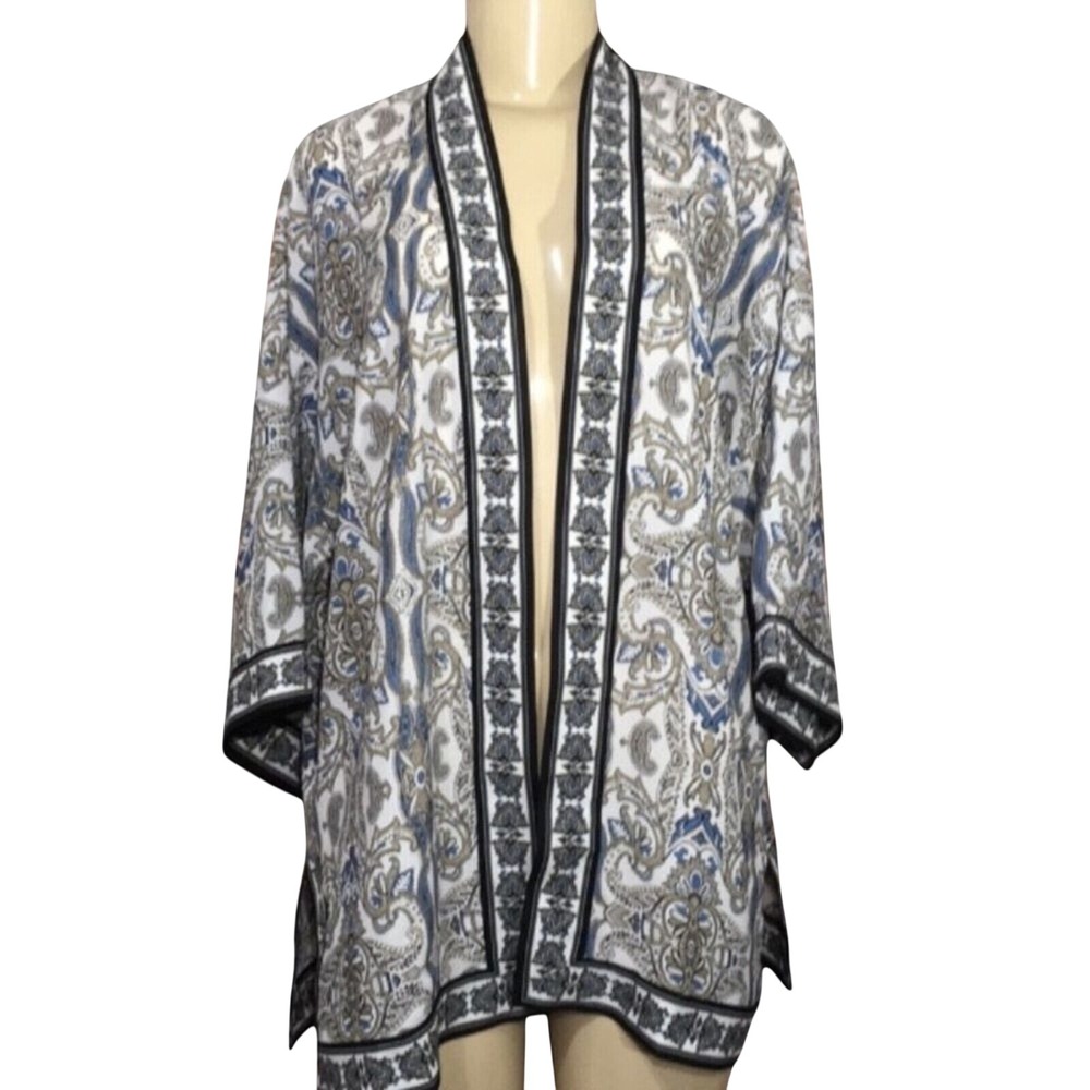 $88 Max Studio Paisley Kimono Cardigan Women Size M Blue Gold Open Front